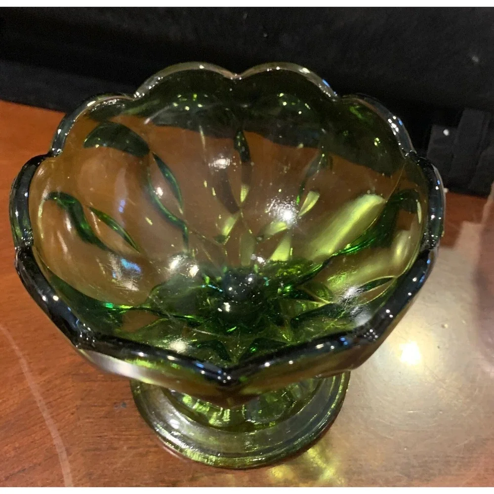 Vtg Anchor Hocking Fairfield Green Art Glass Pedestal Compote Footed‎ Candy Dish